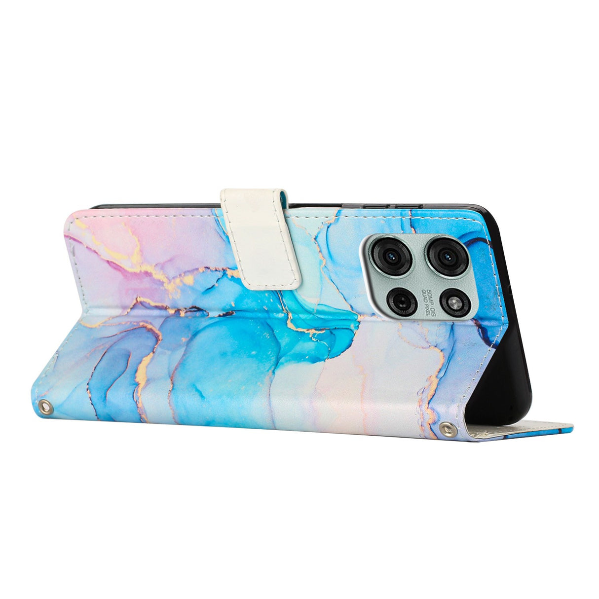 EIDERWOOD Motorola Moto G56 Marmor Mønstret Kunstskinn Flip Deksel m. Stropp - Rosa / Blå