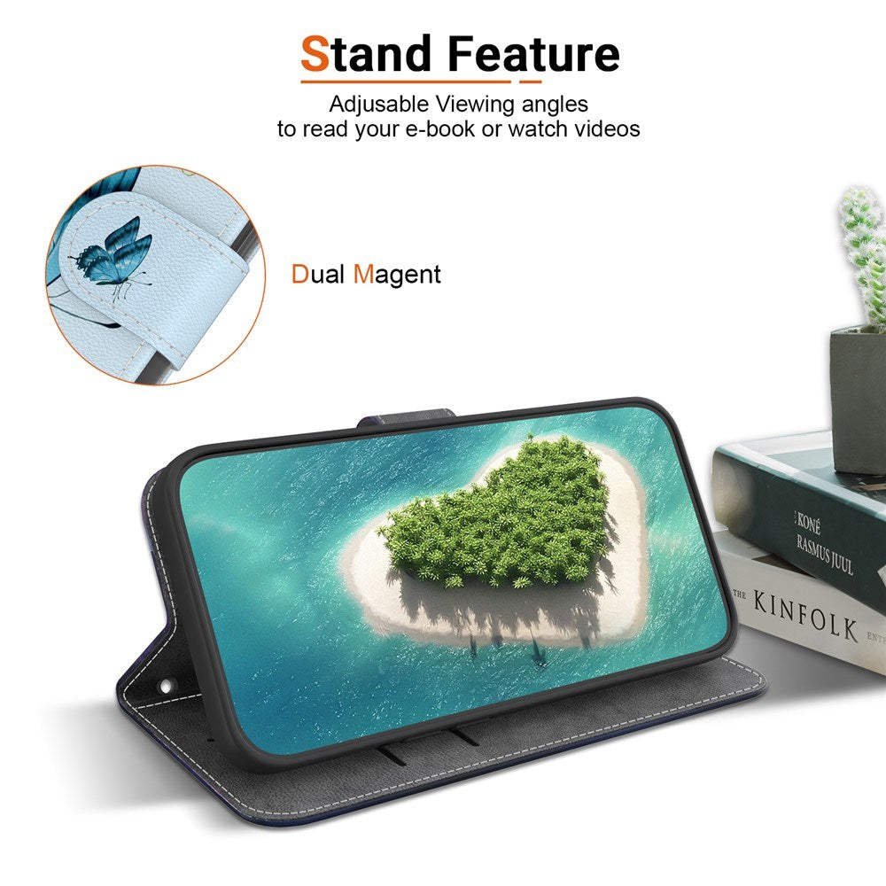 EIDERWOOD OnePlus Nord 5 Kunstskinn Flip Deksel med Kortholder & Stropp – Blå Sommerfugl