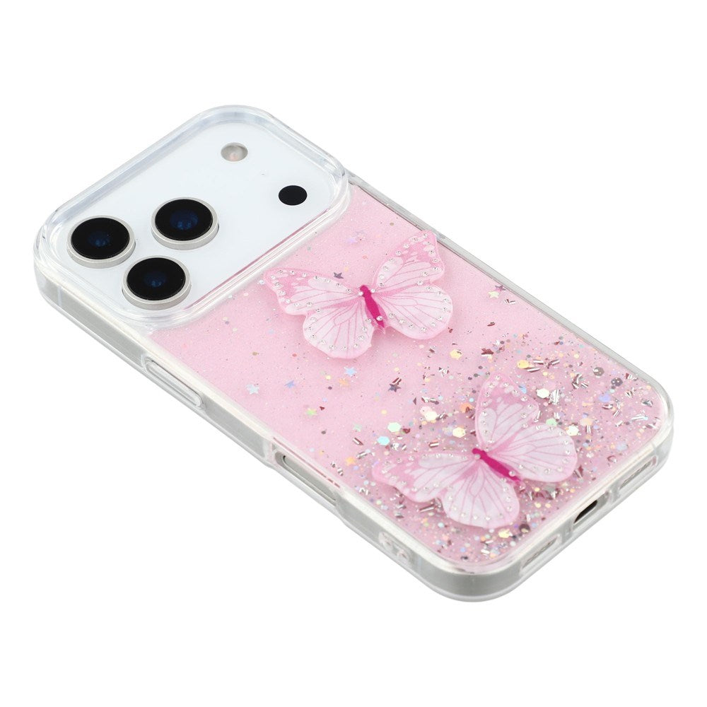 EIDERWOOD iPhone 17 Pro Max Fleksibelt Plast Deksel med Sommerfugler - Gjennomsiktig / Rosa