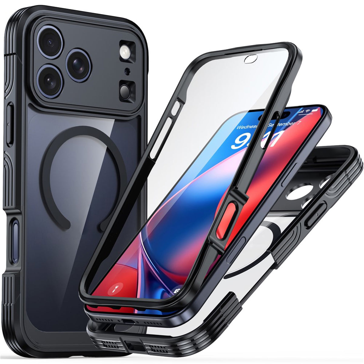 iPhone 18 Pro Max / 17 Pro Max Hybrid Plast Deksel m. Innebygd Skjermbeskyttelse - MagSafe Kompatibel - Gjennomsiktig / Svart