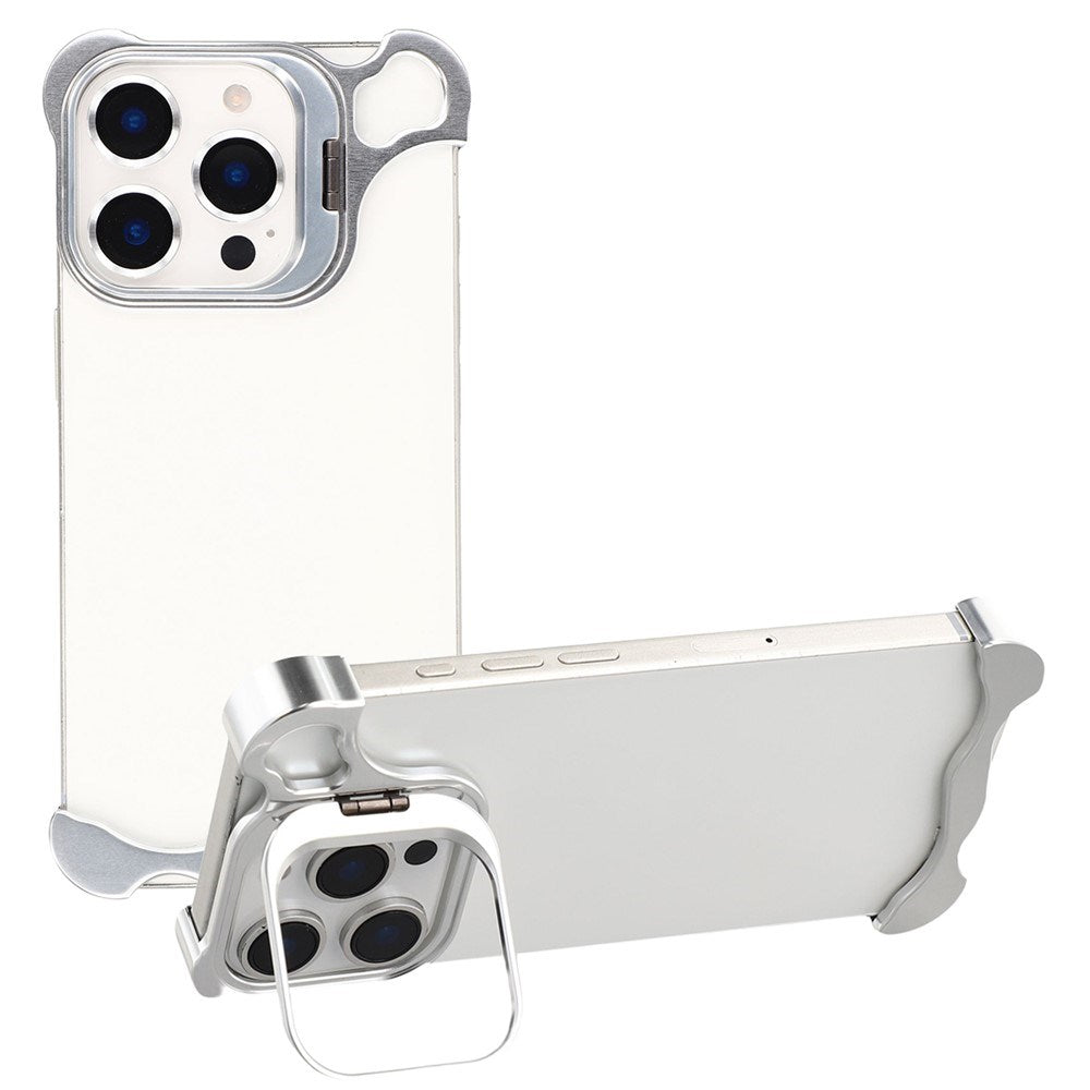 iPhone 16 Pro Todelt Metall Bumper Deksel m. Støttefunksjon & Linsebeskytter - Sølv