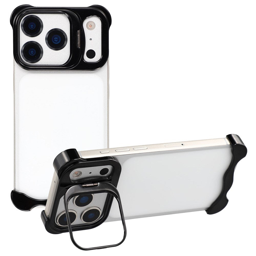 iPhone 17 Pro Todelt Metall Bumper Deksel m. Støttefunksjon & Linsebeskytter - Svart