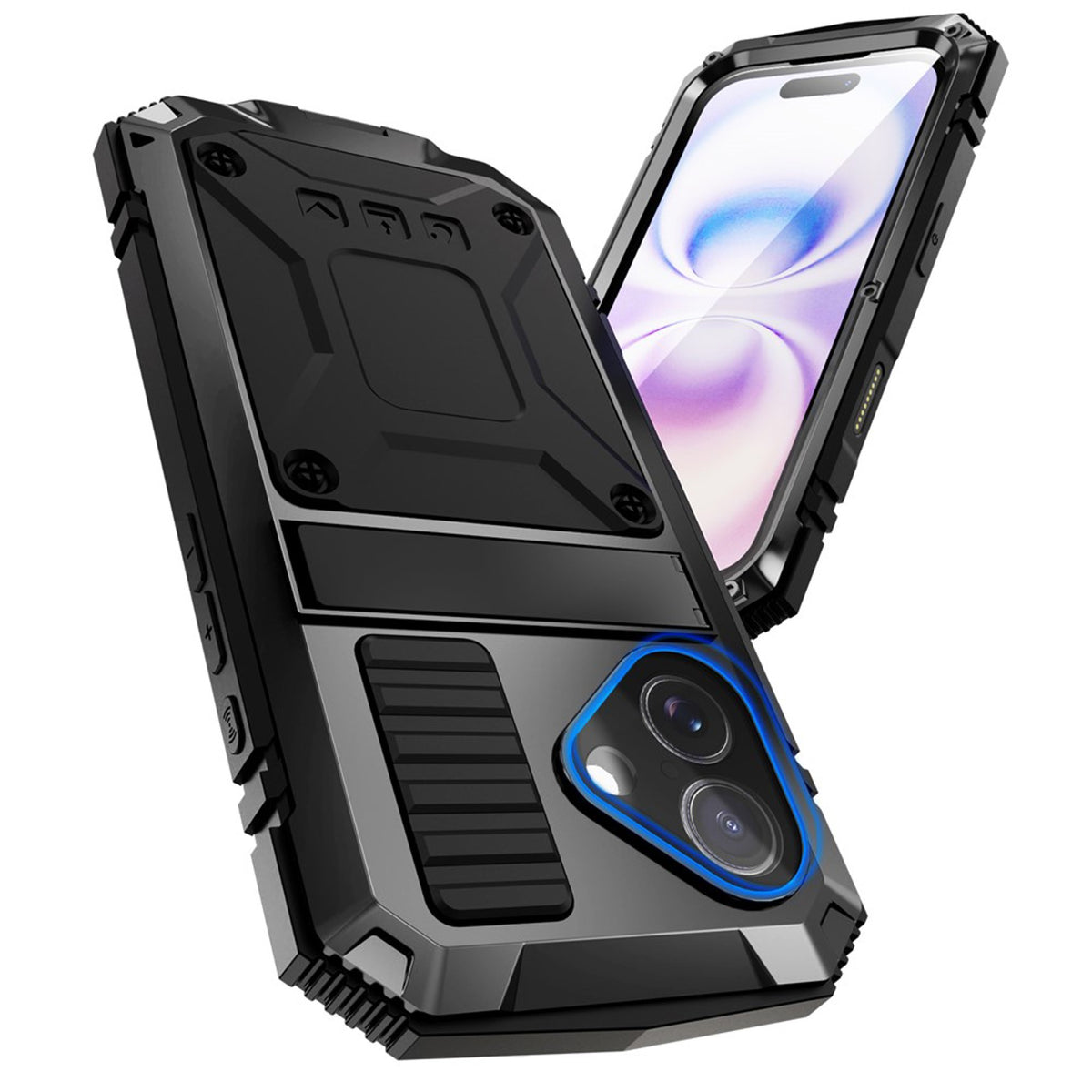iPhone 17 R-JUST Hybrid Robust Deksel m. Innebygd Skjermbeskyttelse & Kickstand - Svart