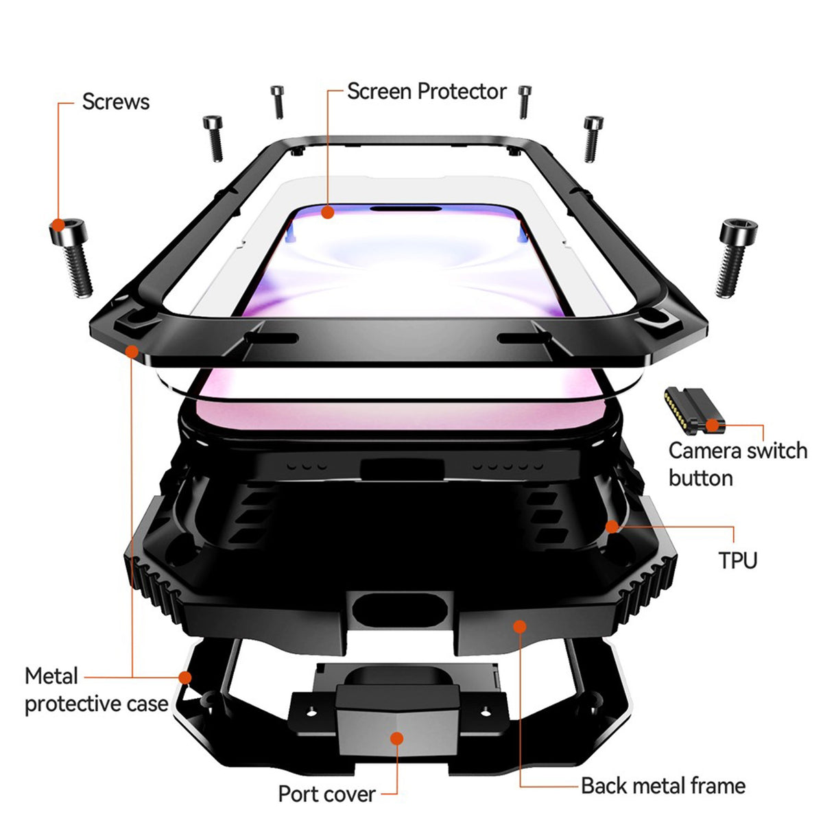 iPhone 17 R-JUST Hybrid Robust Deksel m. Innebygd Skjermbeskyttelse & Kickstand - Svart