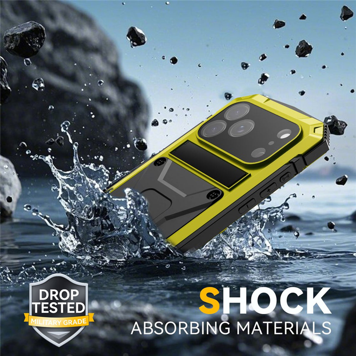iPhone 18 Pro / 17 Pro R-JUST Hybrid Robust Deksel m. Innebygd Skjermbeskyttelse & Kickstand - Gul