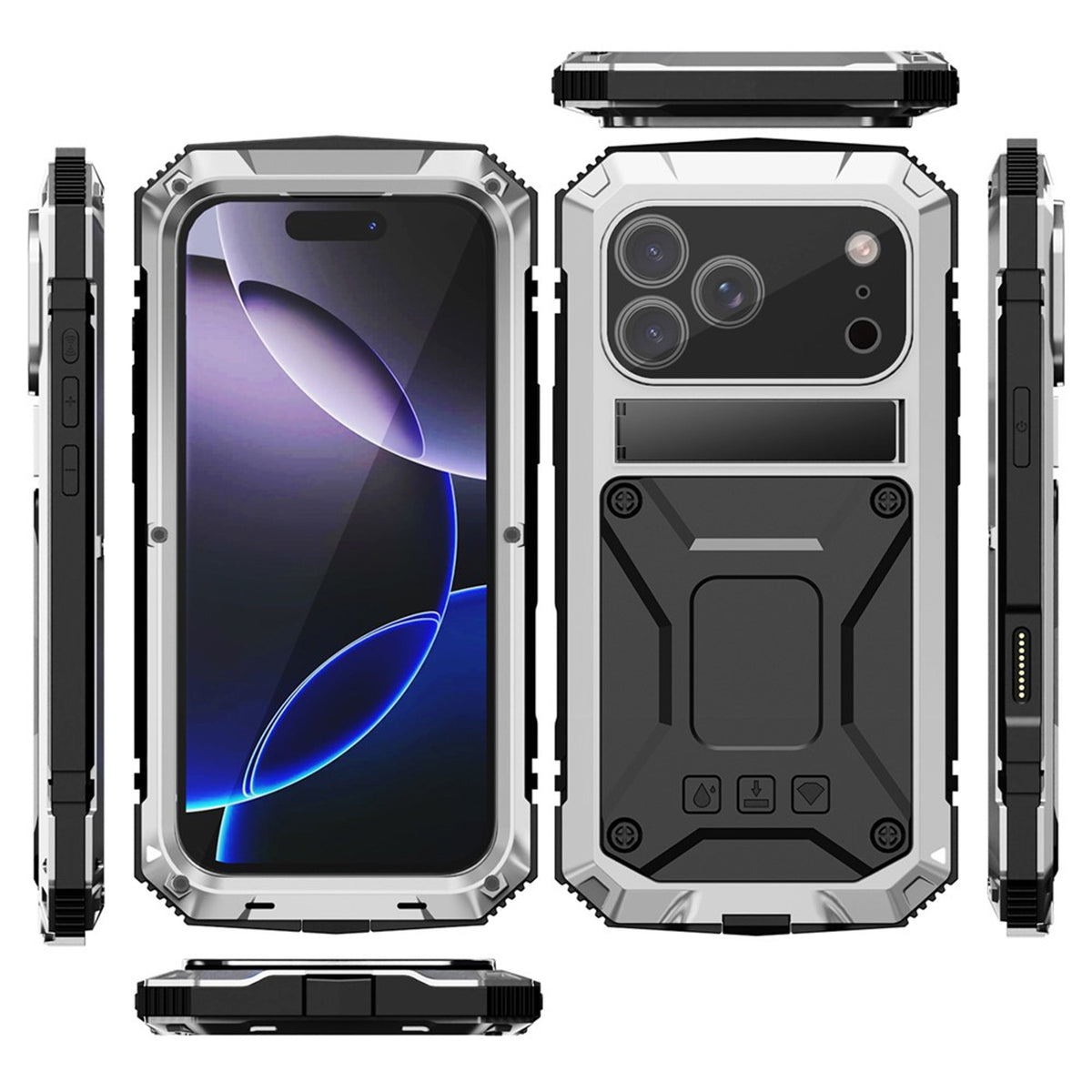 iPhone 18 Pro / 17 Pro R-JUST Hybrid Robust Deksel m. Innebygd Skjermbeskyttelse & Kickstand - Sølv
