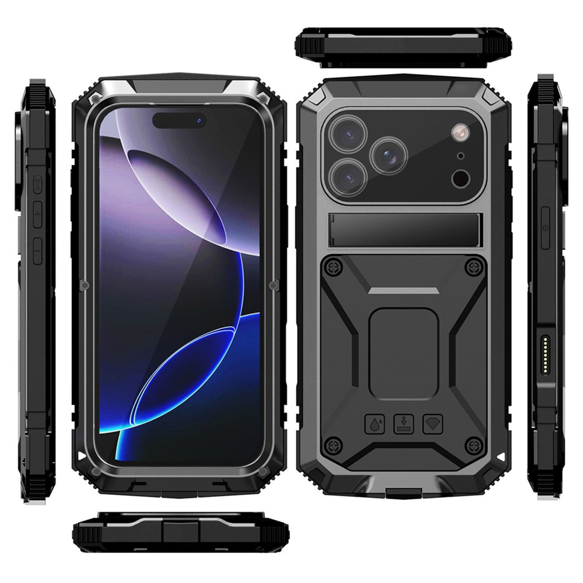 iPhone 18 Pro Max / 17 Pro Max R-JUST Hybrid Robust Deksel m. Innebygd Skjermbeskyttelse & Kickstand - Svart