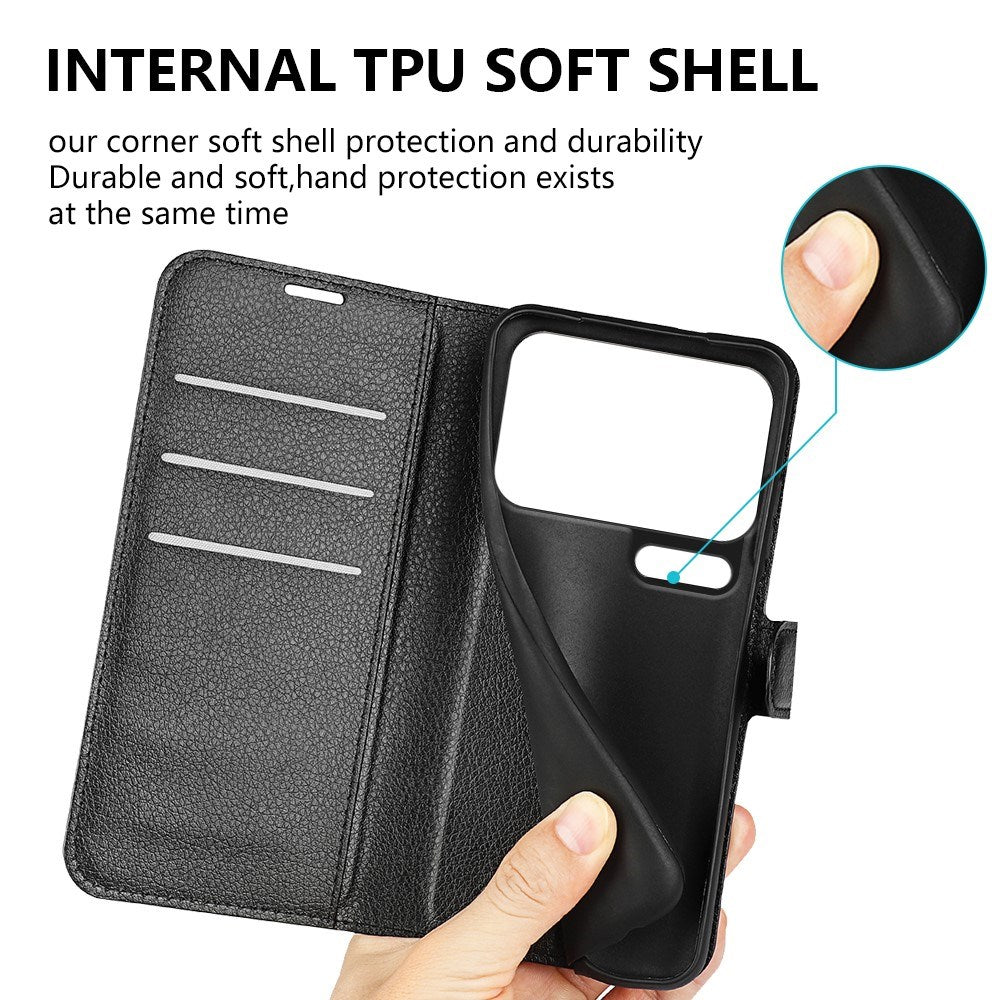 Xiaomi 17 Pro Max AMORUS Litchi Tekstur Kunstlær Flip Deksel m. Kortholder - Svart