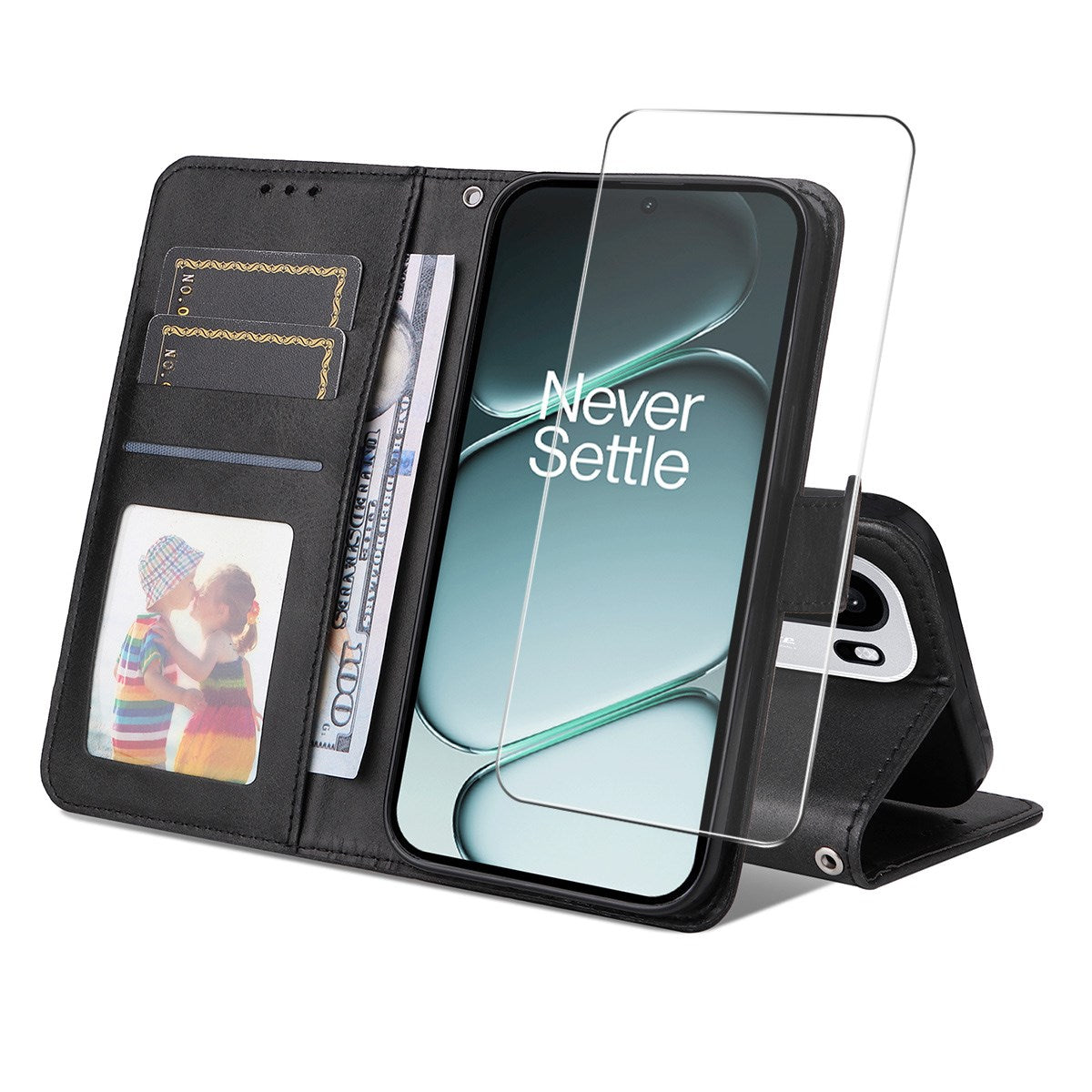 OnePlus 15R ENKAY 2-i-1 Kunstskinn Flip Deksel m. Skjermbeskyttelsesglass - Svart