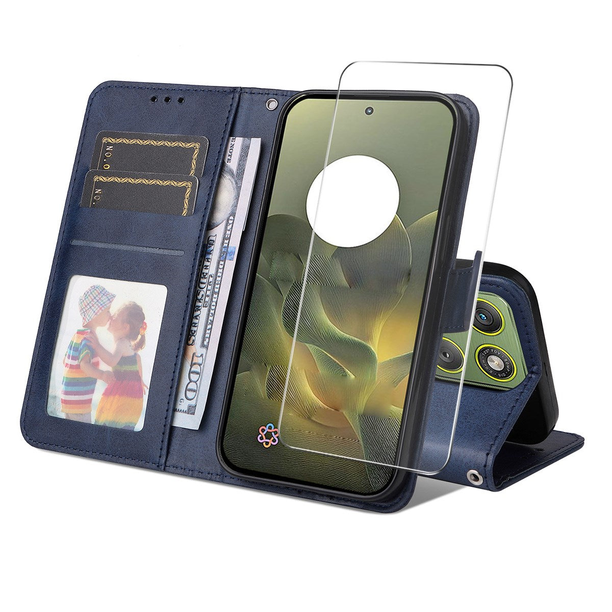 Motorola Edge 70 EIDERWOOD Kunstskinn Deksel med Skjermbeskyttelsesglass & Kortholder – Blå