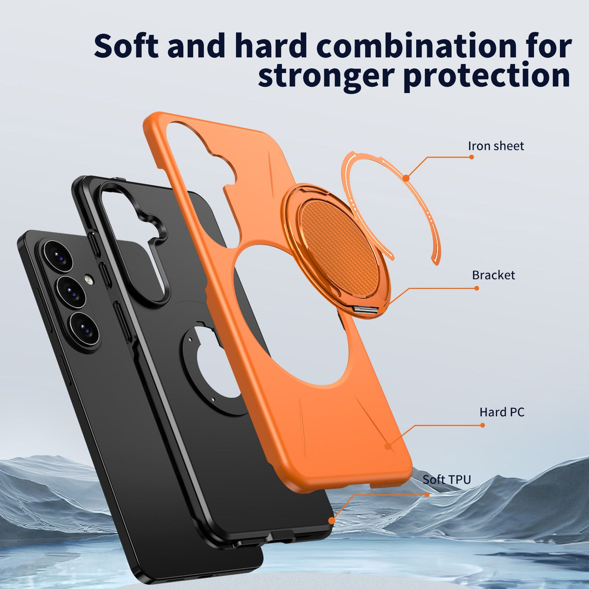 Samsung Galaxy S26 EIDERWOOD Hybrid Plast Deksel m. Roterende Kickstand – Oransje