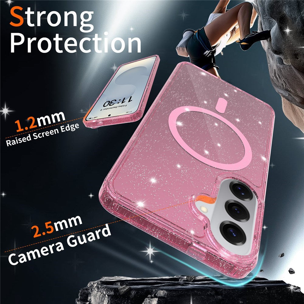 Samsung Galaxy S26+ (Plus) EIDERWOOD Magnetisk Plast Glitter Deksel m. Skjermbeskyttelsesglass – MagSafe Kompatibel – Gjennomsiktig / Rosa