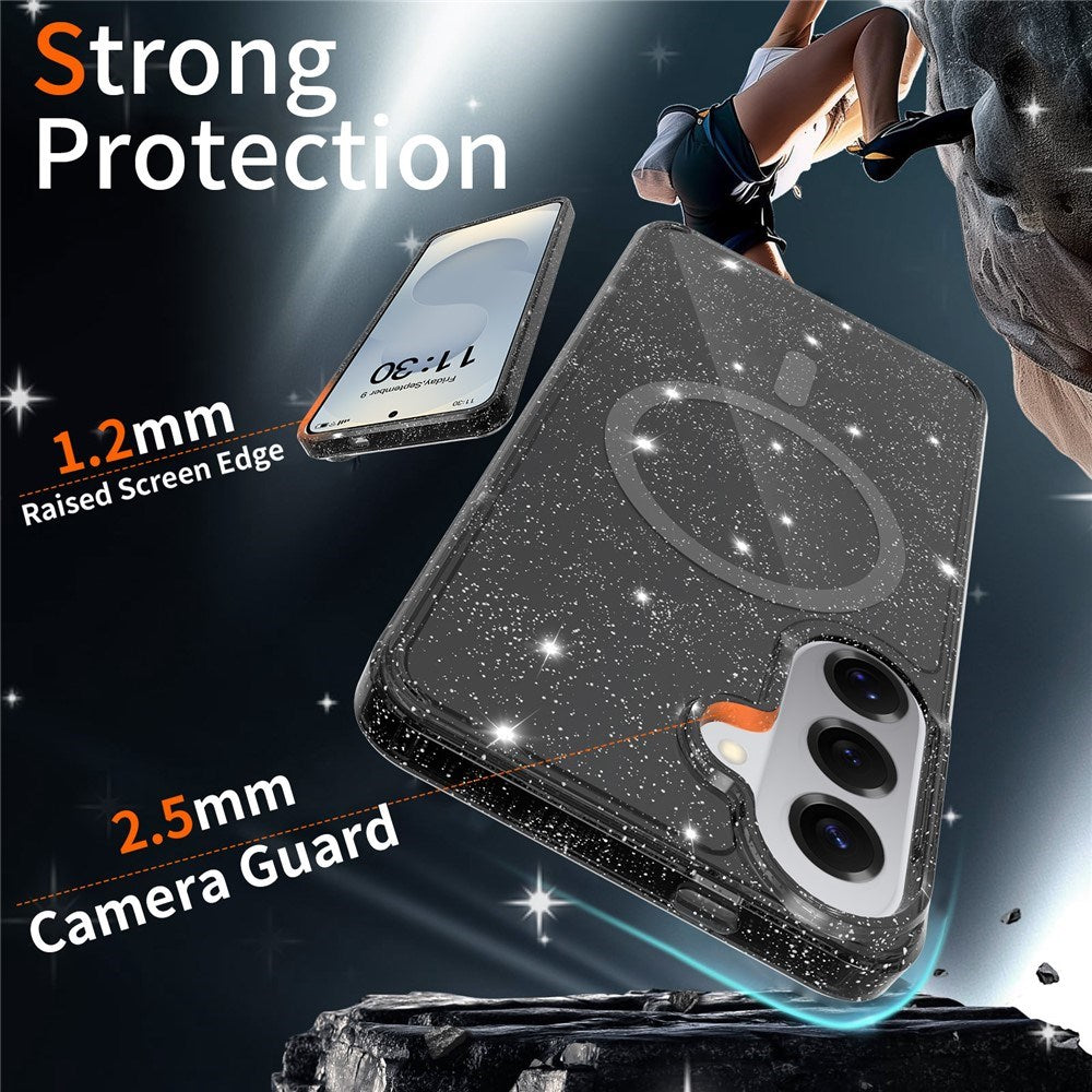 Samsung Galaxy S26+ (Plus) EIDERWOOD Magnetisk Plast Glitter Deksel m. Skjermbeskyttelsesglass – MagSafe Kompatibel – Gjennomsiktig / Svart