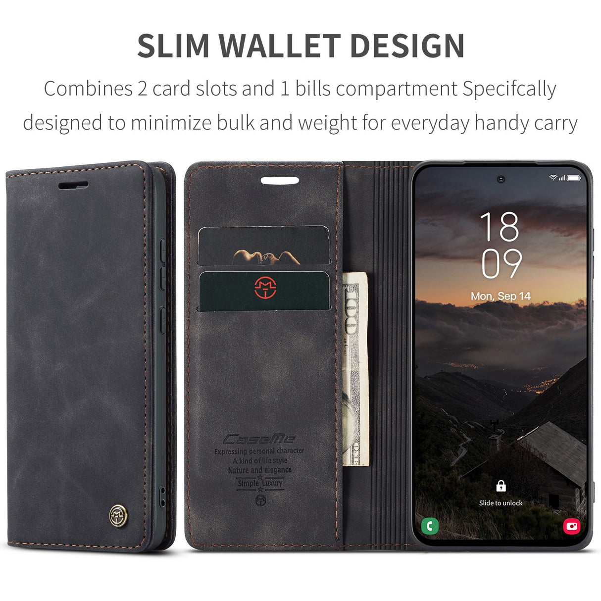 Samsung Galaxy S26 CASEME Kunstskinn Flip Deksel m. Stativfunksjon & Kortholder - Svart
