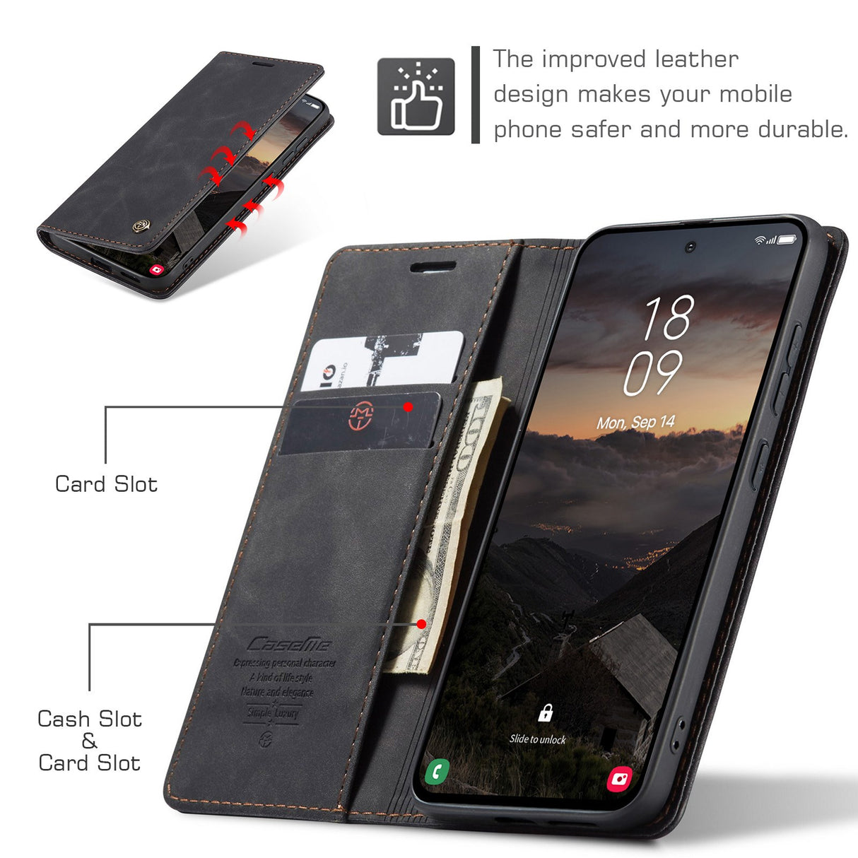 Samsung Galaxy S26 CASEME Kunstskinn Flip Deksel m. Stativfunksjon & Kortholder - Svart