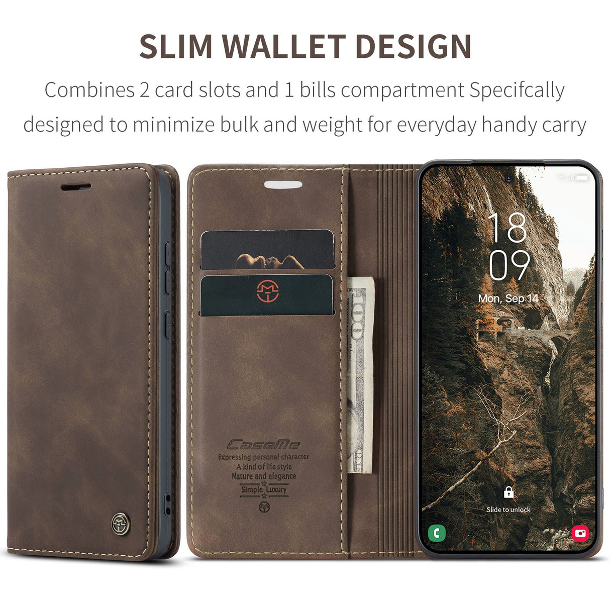 Samsung Galaxy S26 CASEME Kunstskinn Flip Deksel m. Stativfunksjon & Kortholder - Brun