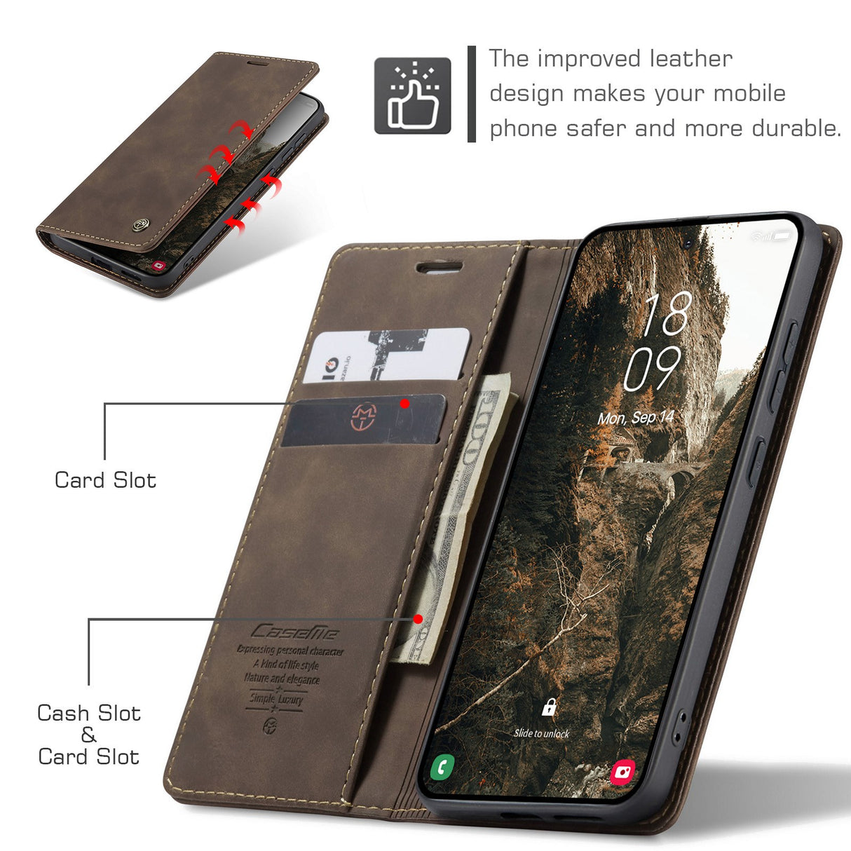 Samsung Galaxy S26 CASEME Kunstskinn Flip Deksel m. Stativfunksjon & Kortholder - Brun