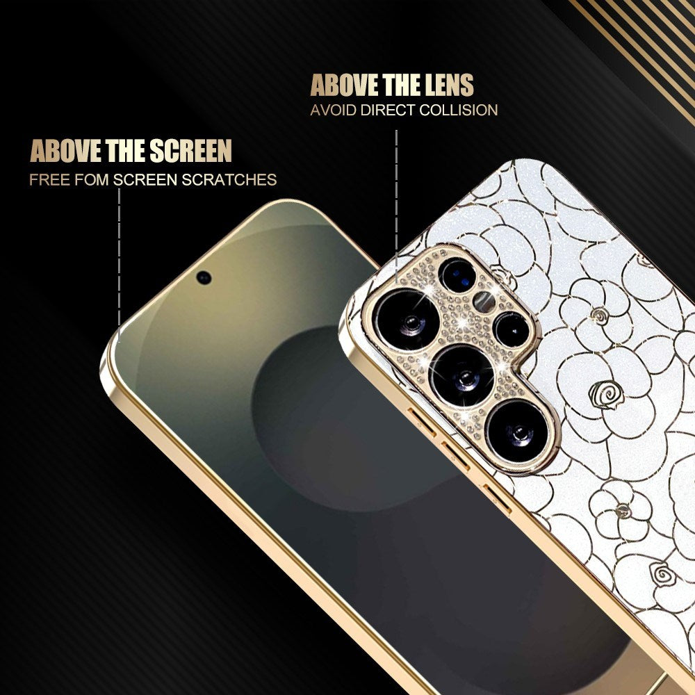 Samsung Galaxy S26 Ultra EIDERWOOD Hybrid Plast Deksel m. Blomster & Diamant Kamera - Hvit