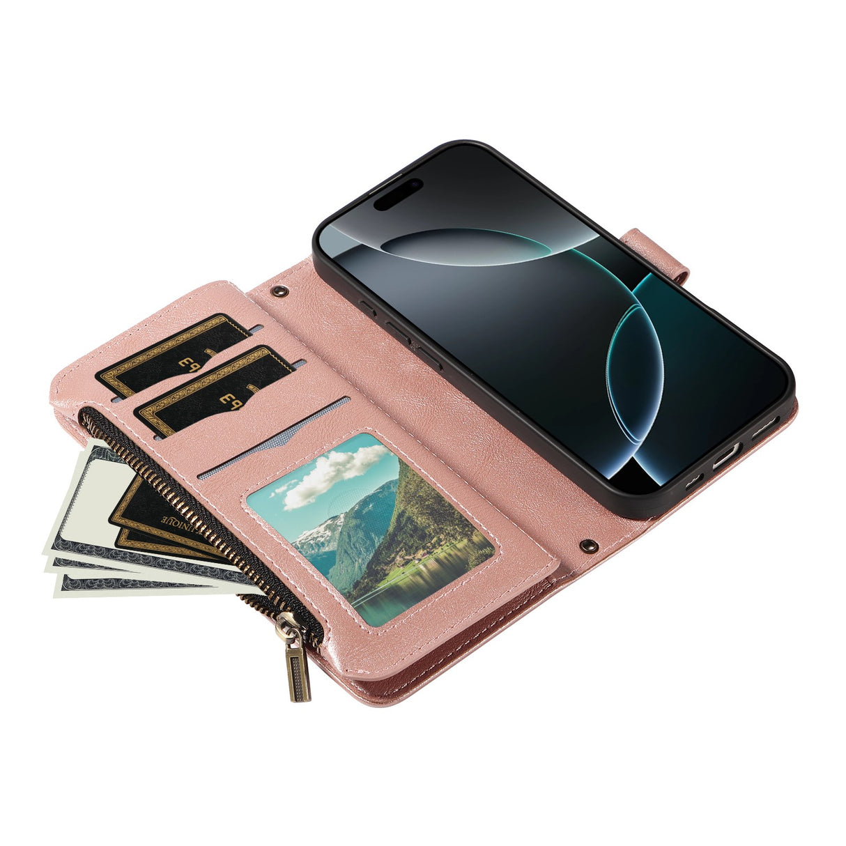 iPhone 17 EIDERWOOD Flippdeksel med 9 Kortholdere - Glidelåslomme - RFDI-Blokkering - Stropp - Rose Gold
