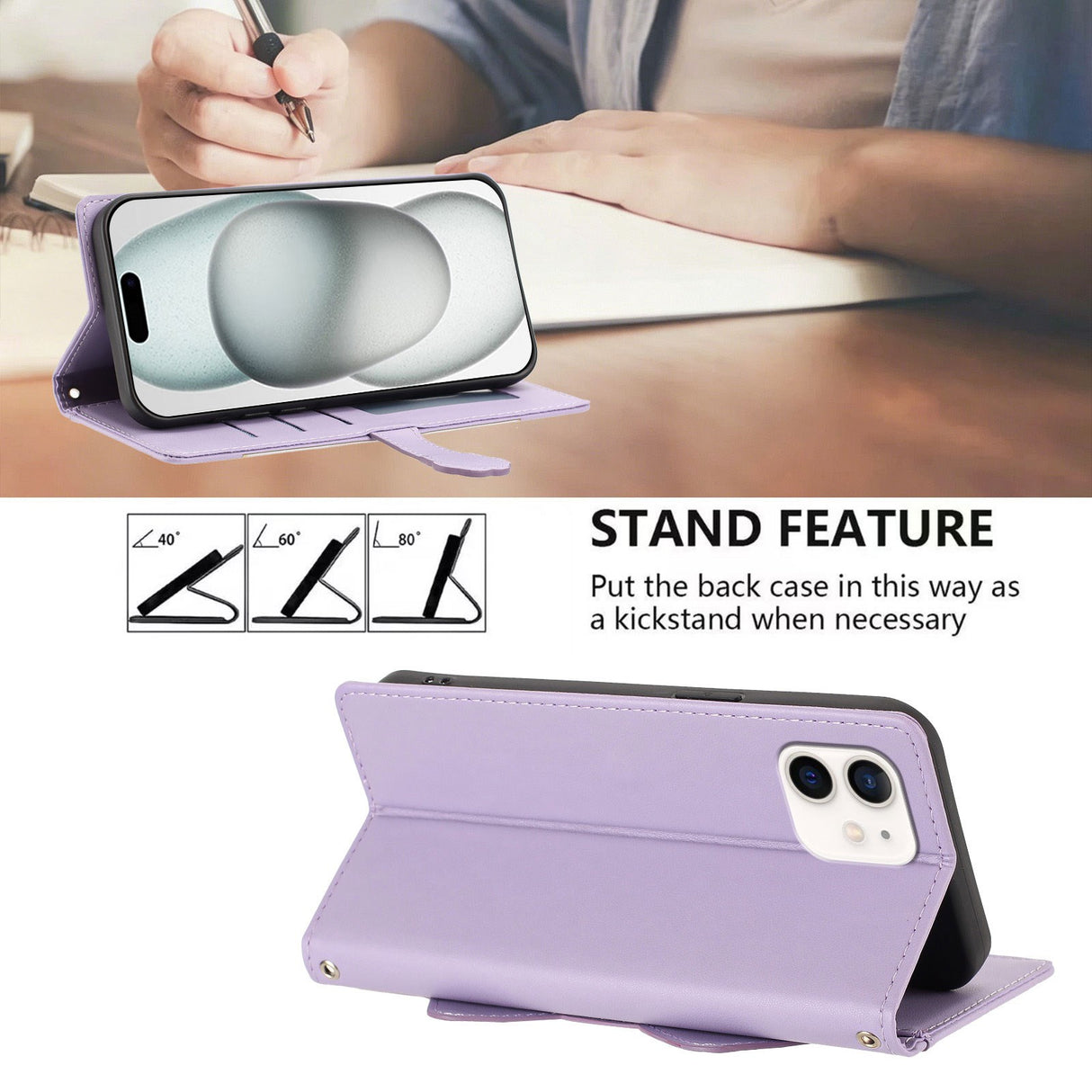 iPhone 12 / 12 Pro Flippdeksel med 3D-Katteører - Kortholder & Stativfunksjon - Lilla