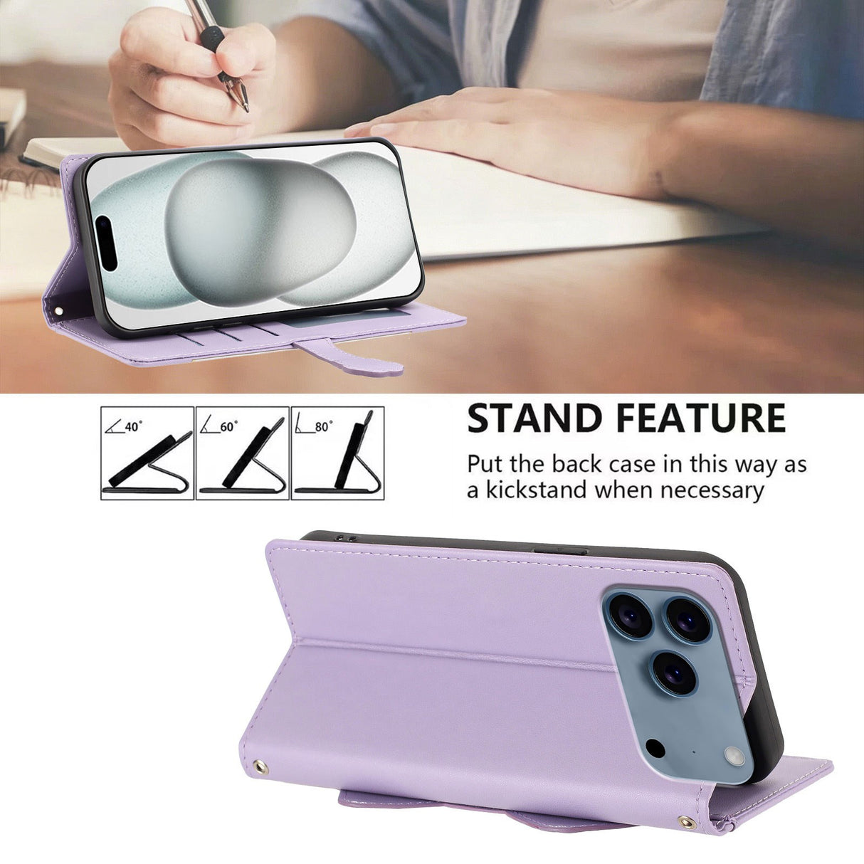iPhone 18 Pro / 17 Pro Flippdeksel med 3D-Katteører - Kortholder & Stativfunksjon - Lilla