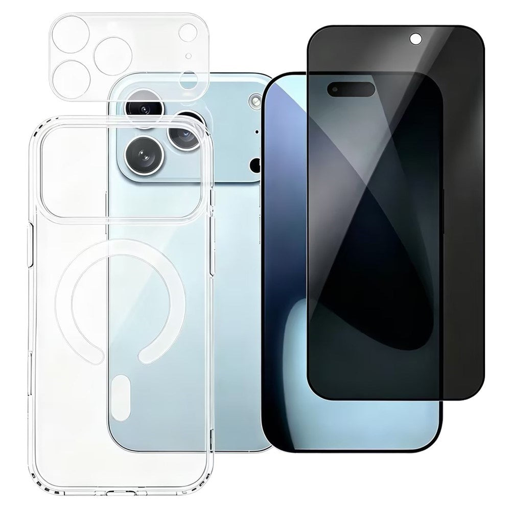 iPhone 18 Pro - 360° Beskyttelsessett m. Privacy Skjermbeskyttelse | MagSafe Deksel| Kameralinsebeskyttelse - Gjennomsiktig / Svart