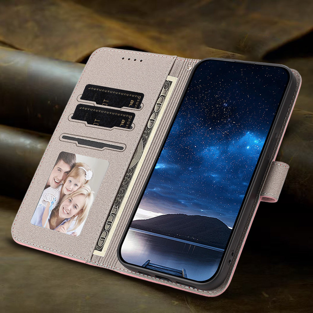 Xiaomi Redmi 17 (5G) / (4G) EIDERWOOD Flip Deksel i Kunstskinn med Stativfunksjon og Kortholder - Rosa