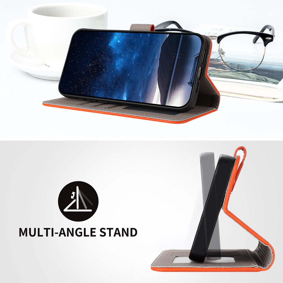 Xiaomi Redmi 17 (5G) / (4G) EIDERWOOD Flip Deksel i Kunstskinn med Stativfunksjon og Kortholder - Oransje