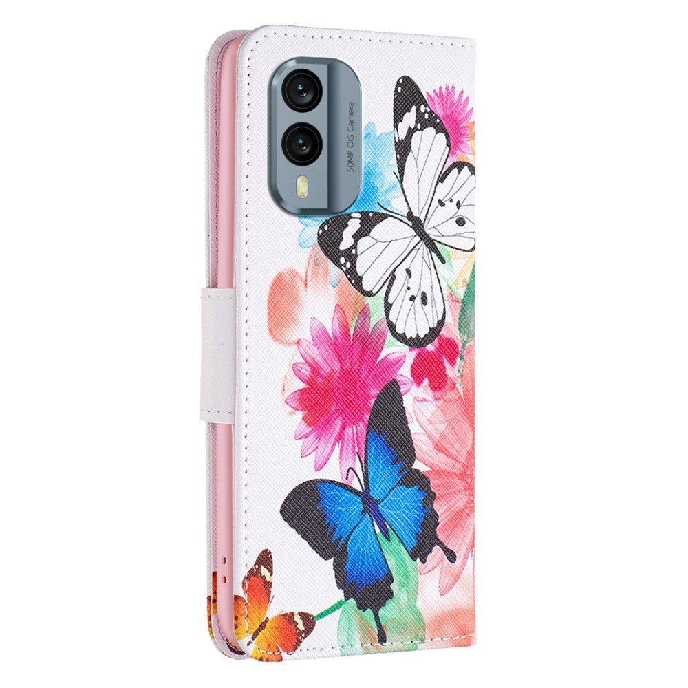 Nokia X30 Deksel i Kunstkinn med Lommebok og Trykk - Sommerfugler og Blomster