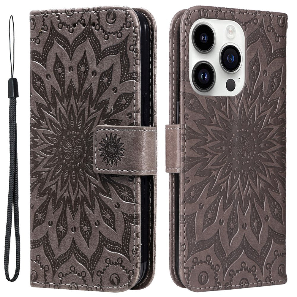 iPhone 15 Pro Skinn Deksel med Lommebok og Stropp - Mandala Blomst - Brun