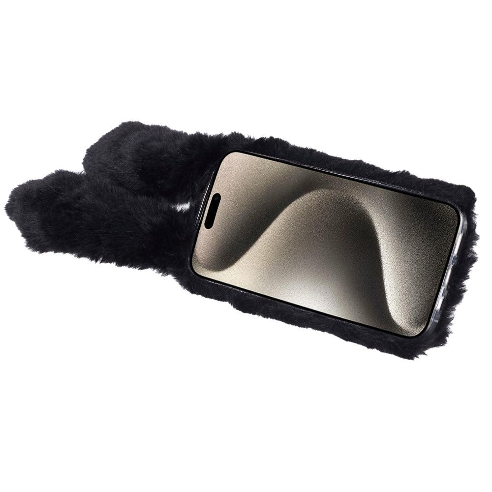 iPhone 15 Fleksibelt Plastbakdeksel m. Pels - Kaninører - Svart