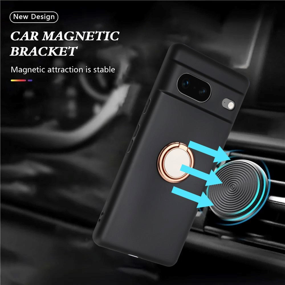 Google Pixel 8a Fleksibelt Plast Deksel med Magnetisk Ringstøtte – Svart med Rose Gold Ring