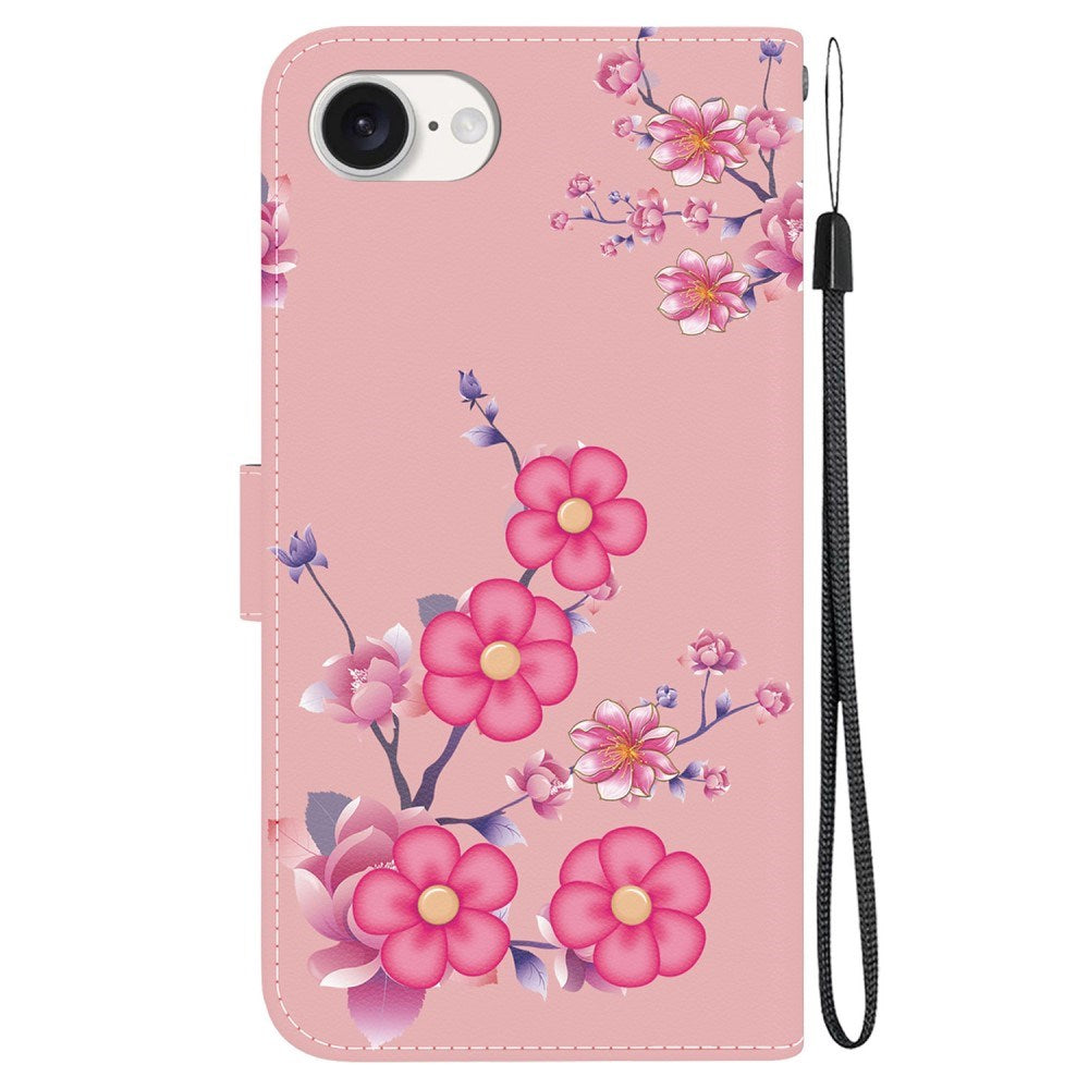 EIDERWOOD iPhone 16e Kunstskinn Deksel med Lommebok og Stropp - Rosa med Blomster