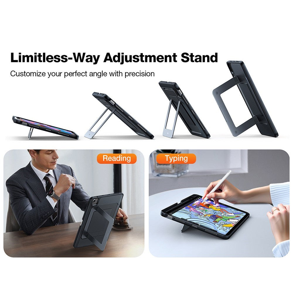 iPad 11" (2025) TORRAS Deksel med Kickstand & Apple Pencil Holder – Gjennomsiktig/Svart