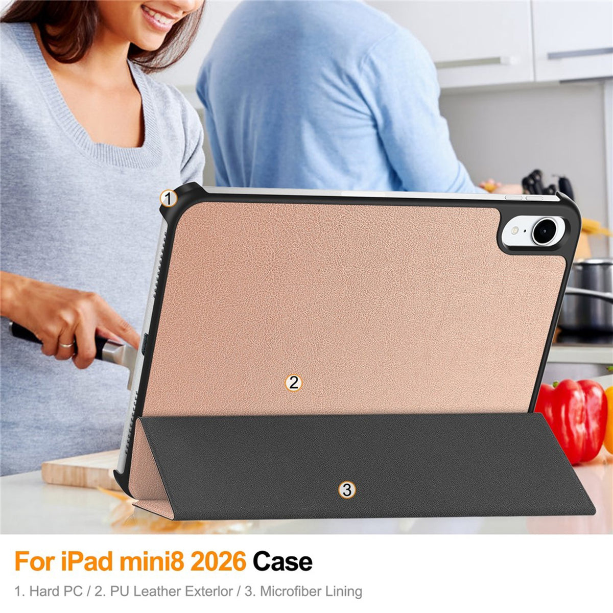 iPad Mini (2026) 8. Gen. EIDERWOOD Kunstskinn Tri-Fold Flip Deksel m. Støttefunksjon - Rose Gold