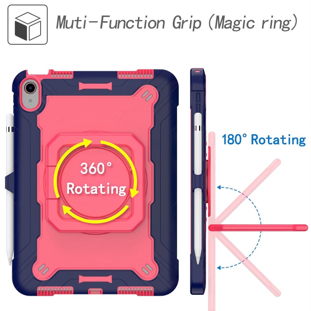 iPad 11" (2025) / iPad 10.9" (2024/2022) Silikondeksel med 360 Graders Stativ og Bærestropp - Rosa / Blå