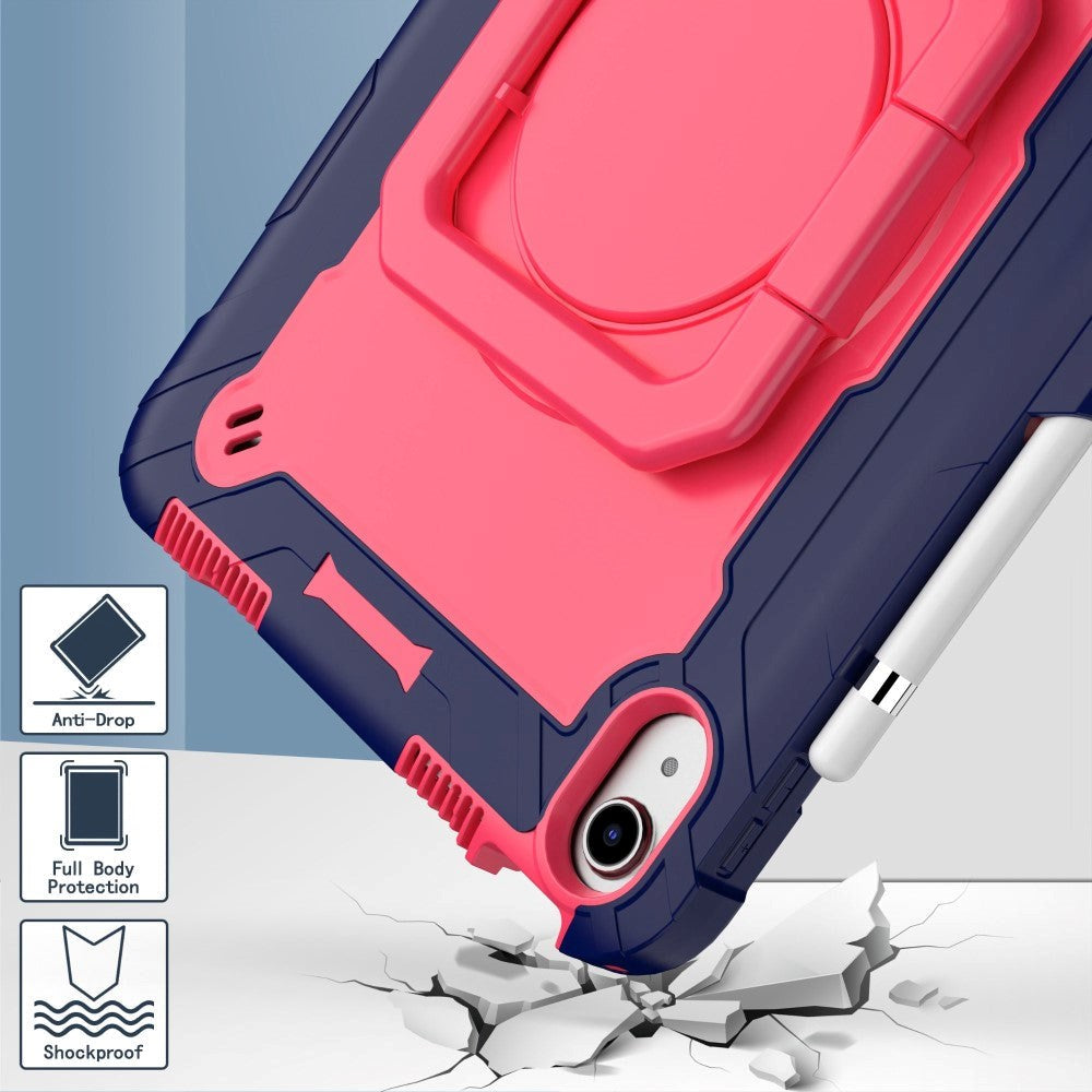 iPad 11" (2025) / iPad 10.9" (2024/2022) Silikondeksel med 360 Graders Stativ og Bærestropp - Rosa / Blå