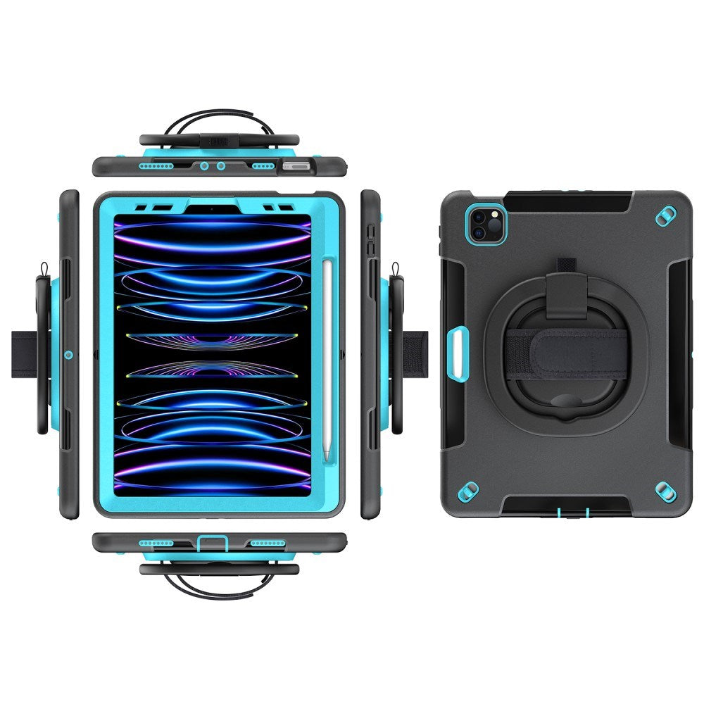 EIDERWOOD iPad Air 10.9-11" (2025-2020) / Pro 11" (2022-2018) Håndverksdeksel med Beskyttelsesfilm og Håndholder - Svart / Lyse Blå