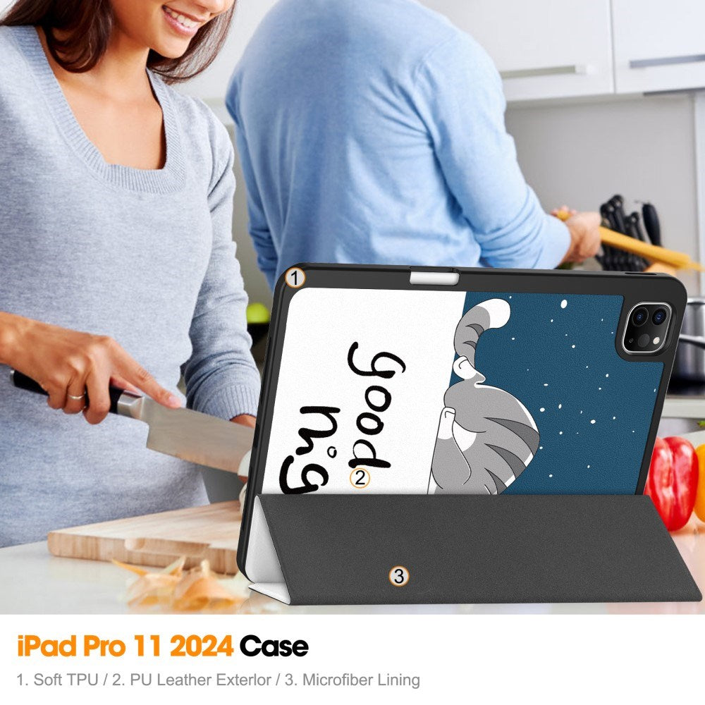 EIDERWOOD iPad Pro 11" (2025 / 2024) Tri-Fold Kunstskinn Flip Deksel m. Våkne / Sove Funksjon - Katt