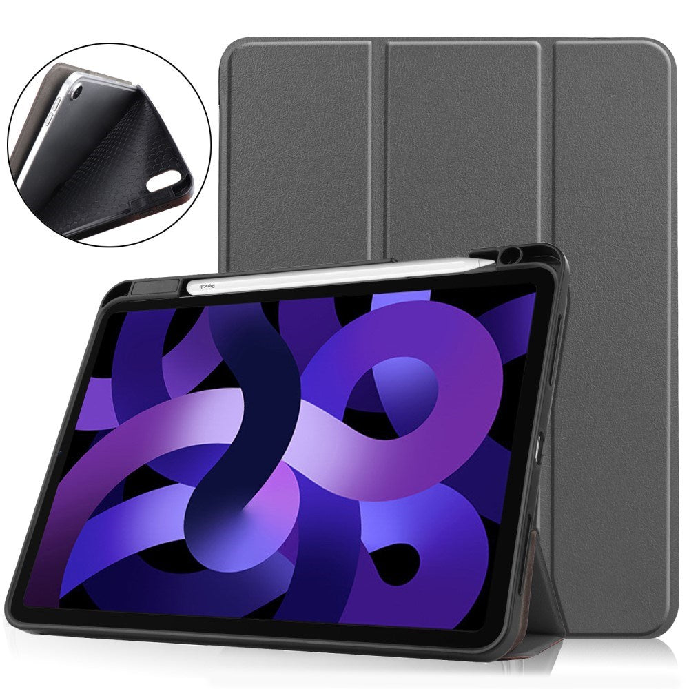 EIDERWOOD iPad Air 11" (2025 / 2024) Litchi Tri-Fold Skinn Deksel med Apple Pencil Holder - Grå