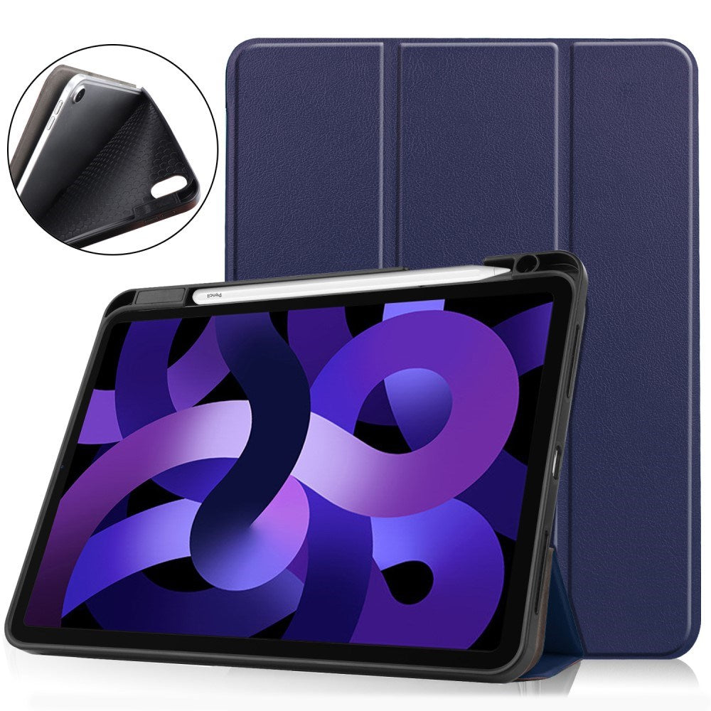 EIDERWOOD iPad Air 11" (2025 / 2024) Litchi Tri-Fold Skinn Deksel med Apple Pencil Holder - Mørke Blå