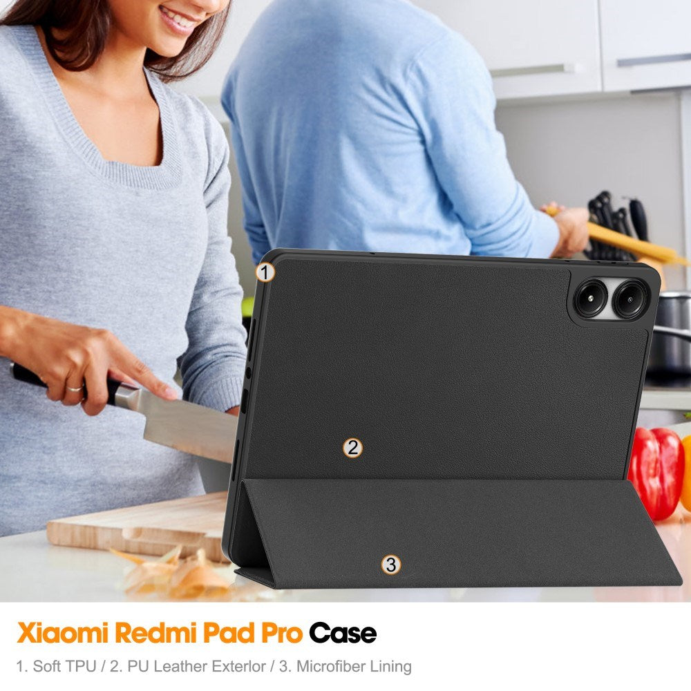 EIDERWOOD Xiaomi Redmi Pad Pro Tri-Fold Kunst Skinn Deksel med Stylus Pencil Holder - Svart