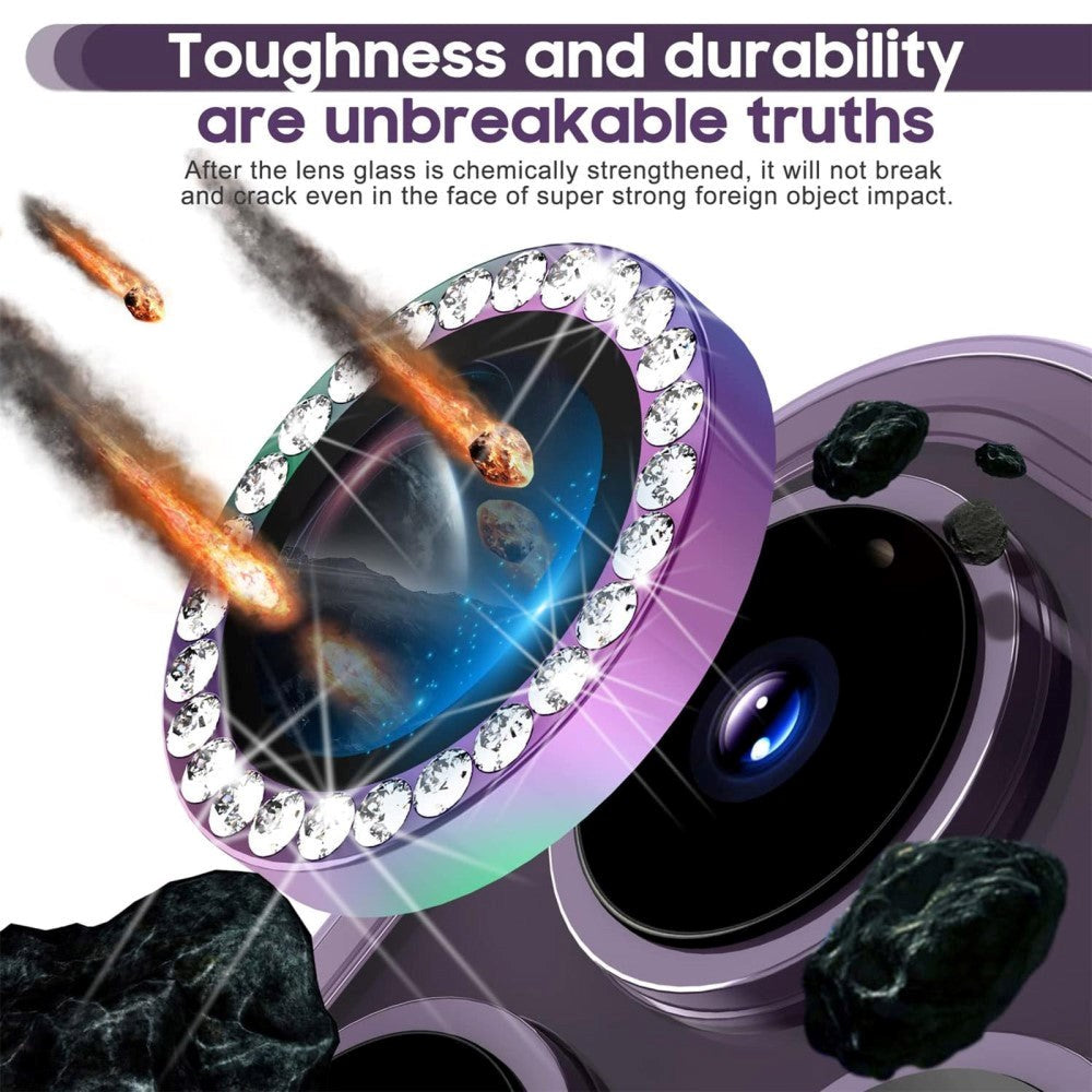 Kameralinsebeskyttelse m. Rhinstenen for iPhone 15 Pro / 15 Pro Max - Regnbue