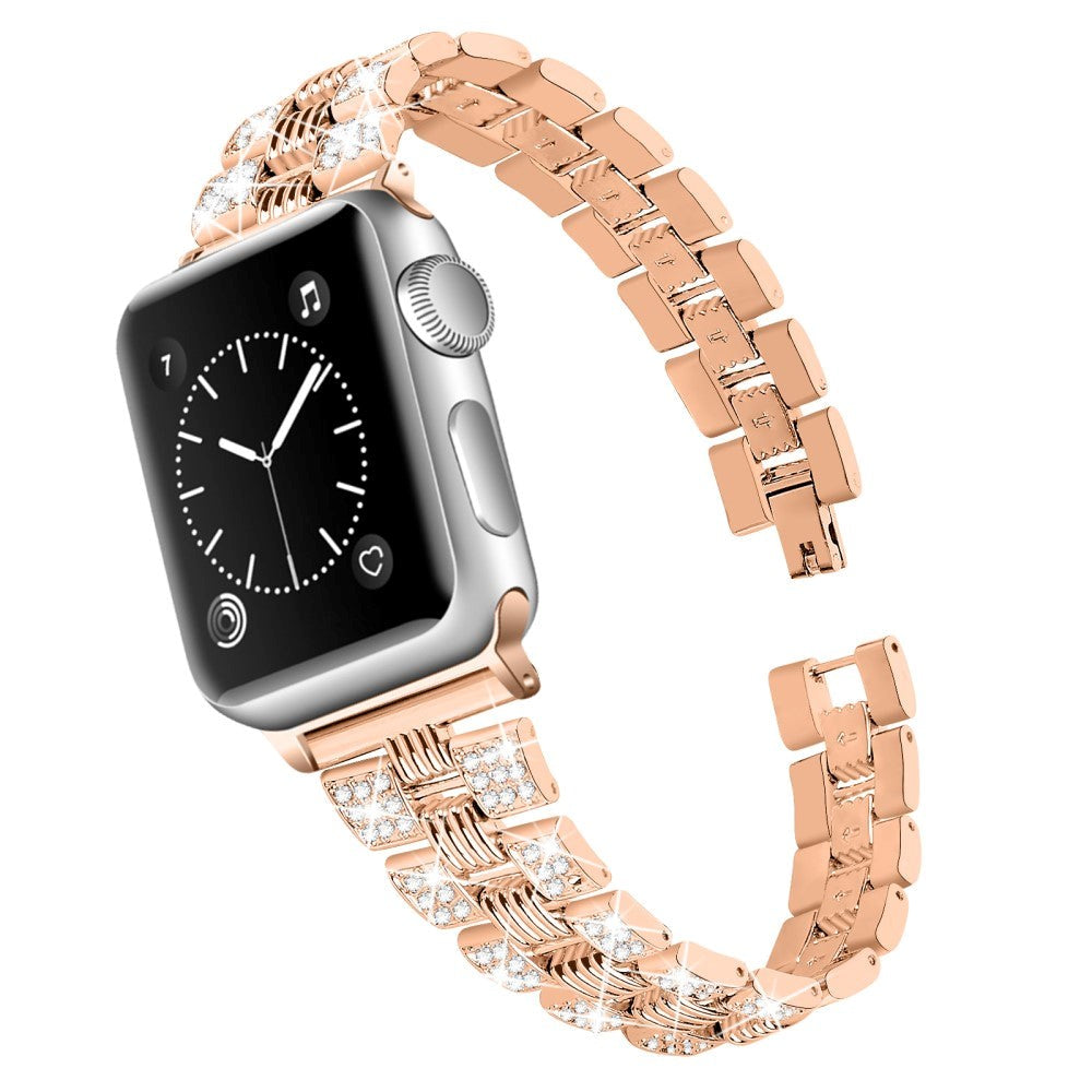 Apple Watch (42/44/SE/45/46/49mm) Metal Klokkerem med Rhinsten - Rosa Gull