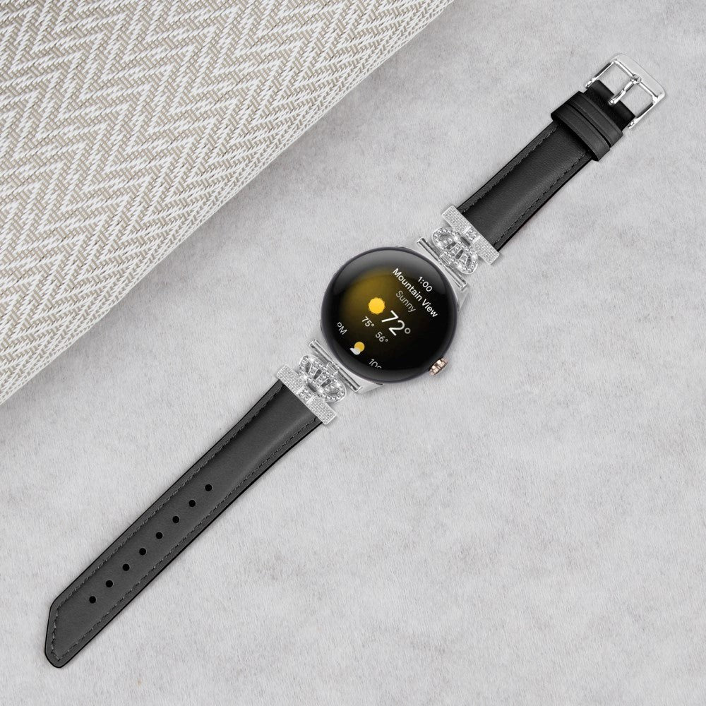 Google Pixel Watch 1 / 2 / 3 (41mm) Kunstskinn Rem med Sølv Rhinstenen Spenne - Svart