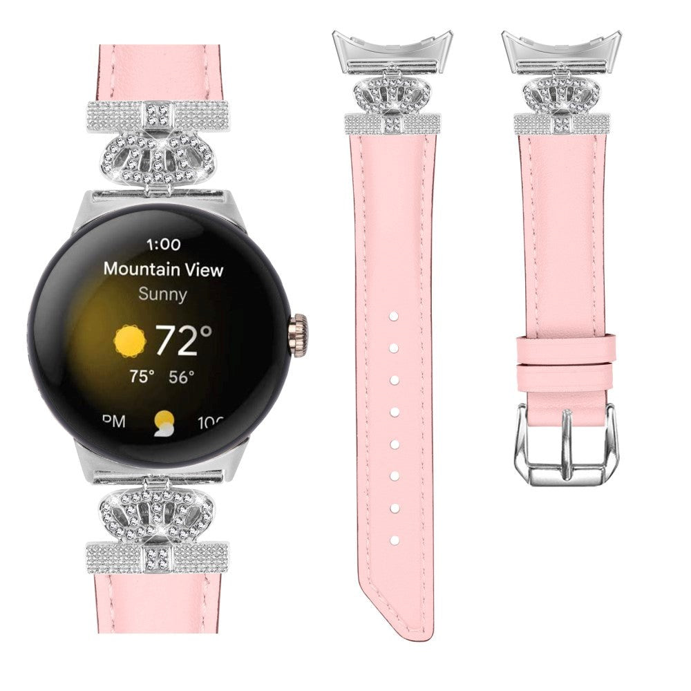 Google Pixel Watch 1 / 2 / 3 (41mm) Kunstskinn Rem med Sølv Rhinstenen Spenne - Rosa