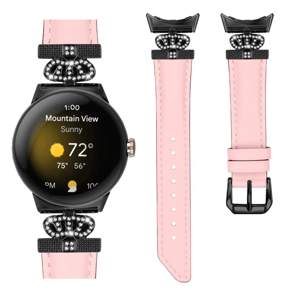 Google Pixel Watch 1 / 2 / 3 (41mm) Kunstskinn Rem med Svart Rhinstenen Spenne - Rosa