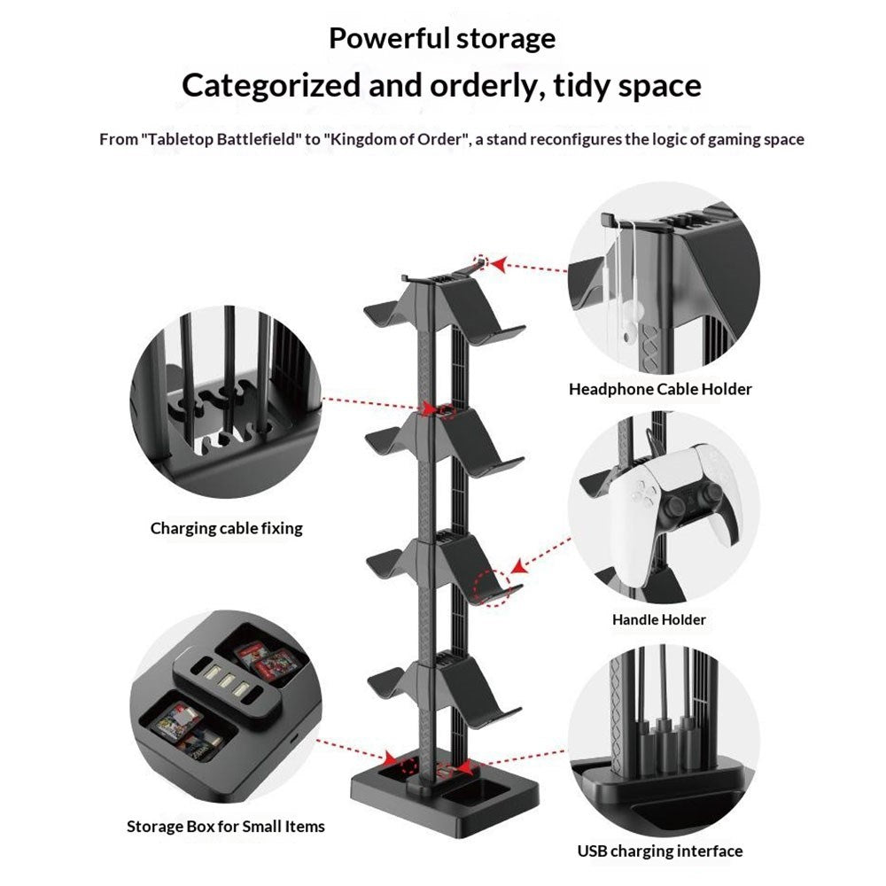 Universell Holder for 8 Spillkonsoller med 3 USB-A - Svart