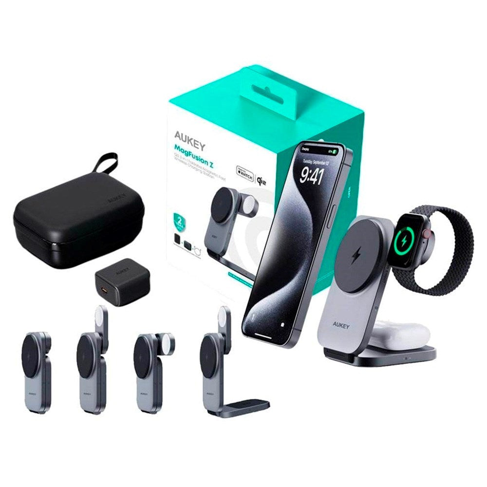 Aukey MagFusion 3-i-1 Magnetisk Foldbar Trådløs Lader - MagSafe Kompatibel - Grå