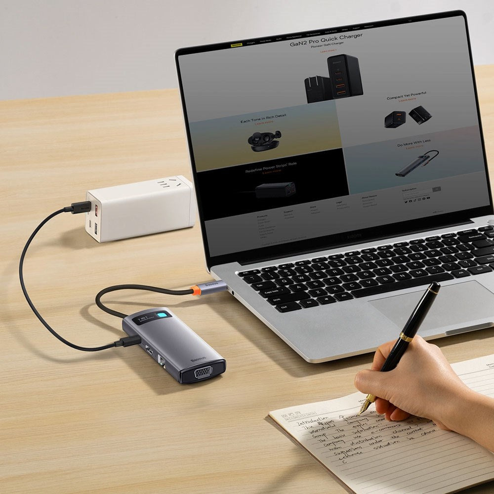 Baseus 7-i-1 USB-C Multiport Hub - 3 x USB-A 1 x USB-C 1 x HDMI 1 x VGA 1 x RJ45 - Grå